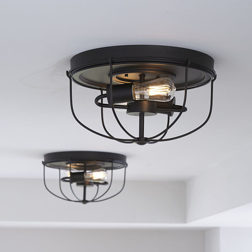 Progress Lighting Medal Collection Two-Light Graphite Industrial Style Flush Mount Ceiling Light - Damp Location Listed Application Shot Model P350195-143