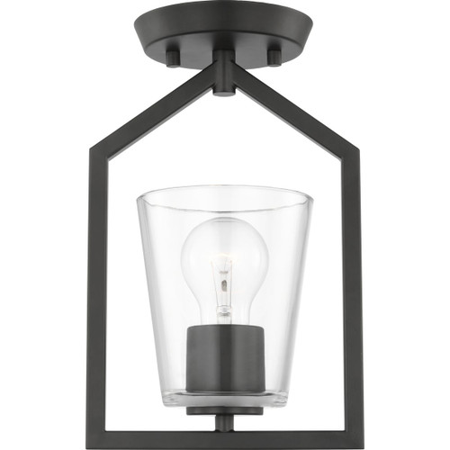 Progress Lighting Close-to-Ceiling Light - Vertex Collection One-Light Matte Black Clear Glass Contemporary Semi-Flush Mount with - Model P350258-31M