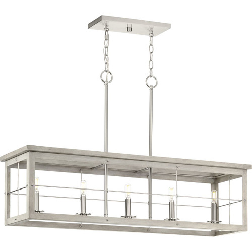 Progress Lighting Island/Linear Light - Hedgerow Collection Five-Light Brushed Nickel and Grey Washed Oak Farmhouse Style Linear Island Chandelier Light - Model P400254-009