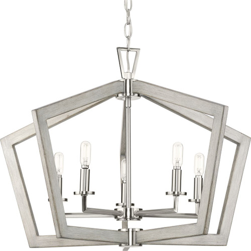 Progress Lighting Chandeliers Light - Galloway Collection Five-Light 19.25" Brushed Nickel Modern Farmhouse Pendant Light with Grey Washed Oak Accents - Model P400301-009