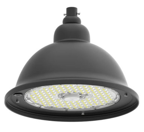 LED Designer Bell Light - 16 Inch Diameter - Watt Selectable 100/80/50W - 110-277V - Color Temperature Selectable 30/40/50K - Dimmable - Black Finish - With Decorative Straight Arm Pole Bracket