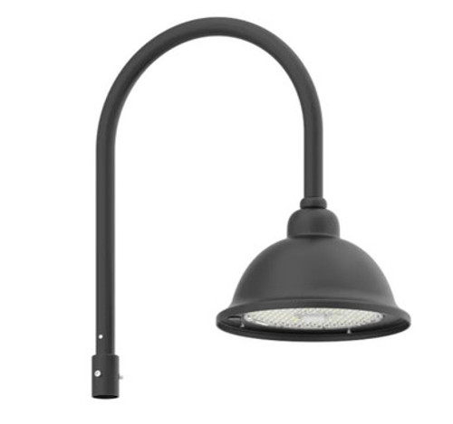 Superior Lighting DBL16IN100MW-MCT-SBA-2IN-K - LED Designer Bell Light - 16 Inch Diameter - Watt Selectable 100/80/50W - 110-277V - Color Temperature Selectable 30/40/50K - Dimmable - Black Finish - With Single Bell Arm Pole Mount & 2 Inch Adapter