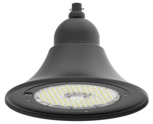 LED Designer Bell Light - 20 Inch Diameter - Watt Selectable 100/80/50W - 110-277V - Color Temperature Selectable 30/40/50K - Dimmable - Black Finish - With Decorative Straight Arm Pole Bracket