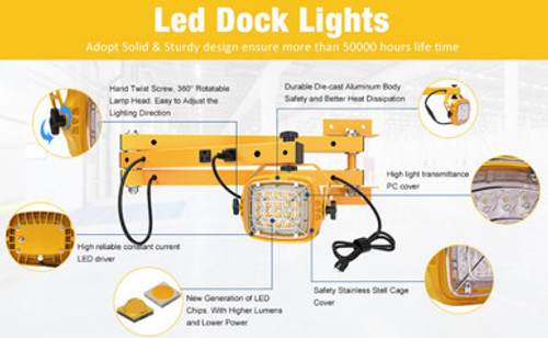 Loading Dock Light Fixtures With 50 Watt Integrated Square LED - 7000 Lumens - 6000K Daylight - Plug In 120V With Extra Outlet