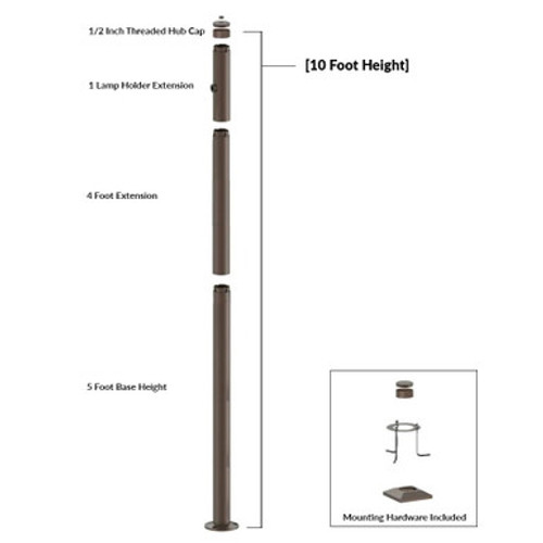 10 Foot Modular Light Pole - 5 Foot Base Height - 4 Foot Extension - 1 Lamp Holder Section - 1/2 Inch Threaded Hub Cap - Bronze Finish