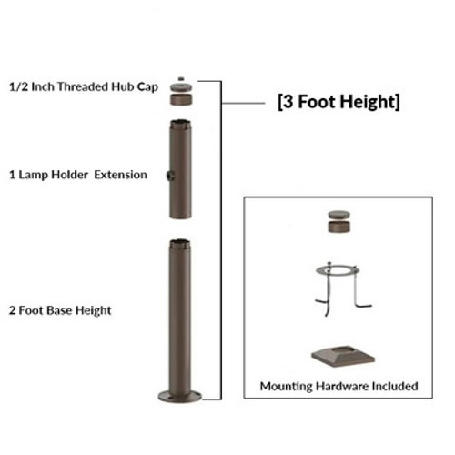 3 Foot Modular Light Pole - 2 Foot Base Height - 1 Lamp Holder Section - 1/2 Inch Threaded Hub Cap - Bronze Finish