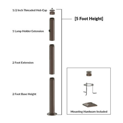 Westgate MPS-2BS-2EX-1HB-C-K - 5 Foot Modular Light Pole - 2 Foot Base Height - 2 Foot Extension - 1 Lamp Holder Section - 1/2 Inch Threaded Hub Cap - Bronze Finish