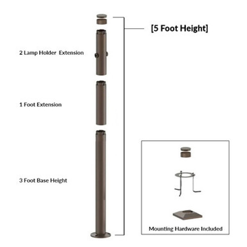 5 Foot Modular Light Pole - 3 Foot Base Height - 1 Foot Extension - 2 Lamp Holder Section  - Bronze Finish