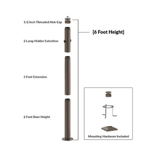 6 Foot Modular Light Pole - 2 Foot Base Height - 3 Foot Extension - 2 Lamp Holder Section - 1/2 Inch Threaded Hub Cap - Bronze Finish