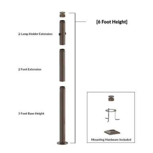 6 Foot Modular Light Pole - 3 Foot Base Height - 2 Foot Extension - 2 Lamp Holder Section  - Bronze Finish