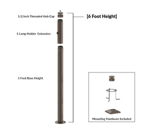 6 Foot Modular Light Pole - 5 Foot Base Height - 1 Lamp Holder Section - 1/2 Inch Threaded Hub Cap - Bronze Finish