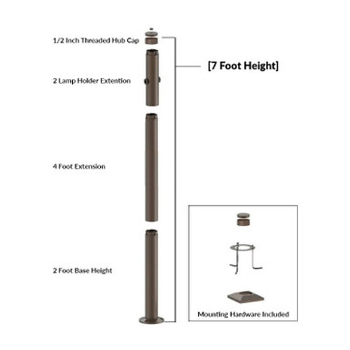 7 Foot Modular Light Pole - 2 Foot Base Height - 4 Foot Extension - 2 Lamp Holder Section - 1/2 Inch Threaded Hub Cap - Bronze Finish