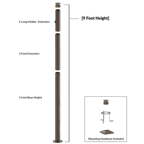 9 Foot Modular Light Pole - 5 Foot Base Height - 3 Foot Extension - 1 Lamp Holder Section  - Bronze Finish