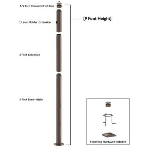 Westgate MPS-5BS-3EX-1HB-C-K - 9 Foot Modular Light Pole - 5 Foot Base Height - 3 Foot Extension - 1 Lamp Holder Section - 1/2 Inch Threaded Hub Cap - Bronze Finish