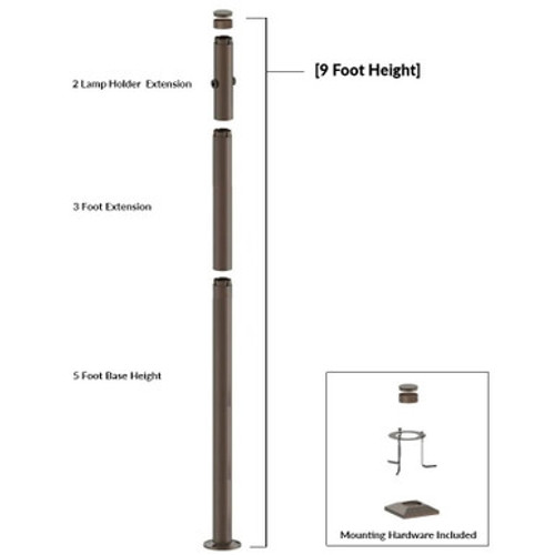 9 Foot Modular Light Pole - 5 Foot Base Height - 3 Foot Extension - 2 Lamp Holder Section  - Bronze Finish