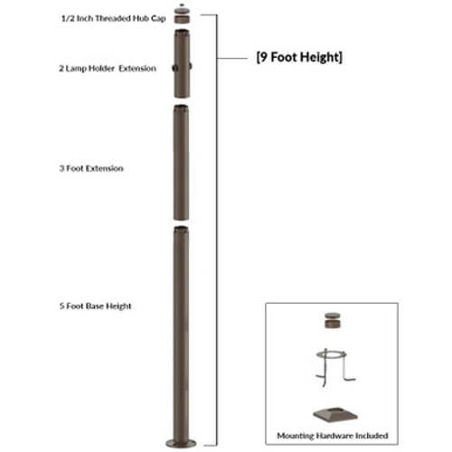 9 Foot Modular Light Pole - 5 Foot Base Height - 3 Foot Extension - 2 Lamp Holder Section - 1/2 Inch Threaded Hub Cap - Bronze Finish