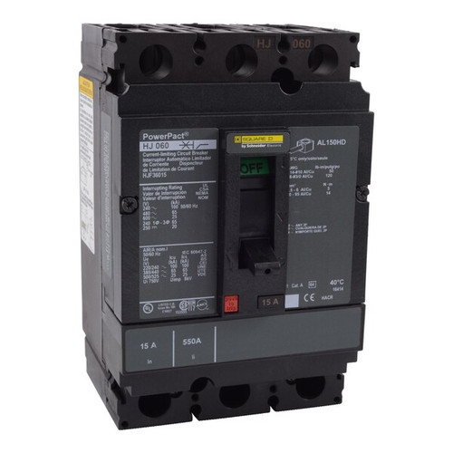 SQUARE D Circuit Breaker, 15A, 3 Pole, 690V AC Model HJF36015