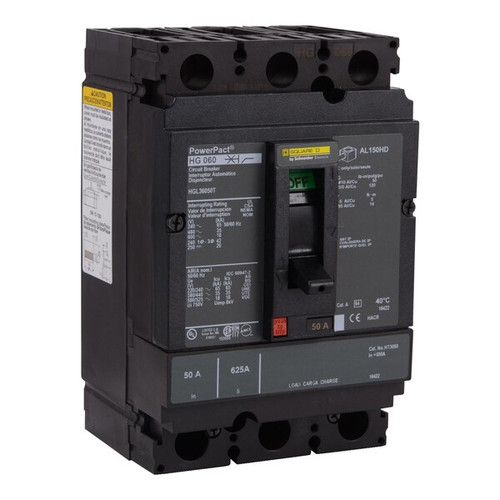 SQUARE D Circuit Breaker, 50A, 3 Pole, 690V AC Model HGL36050T