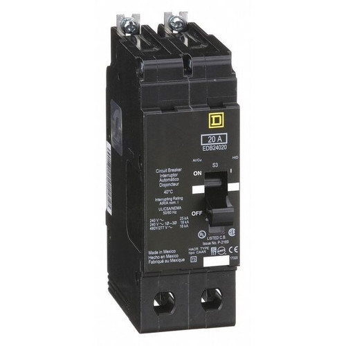 SQUARE D Miniature Circuit Breaker, EDB Series 20A, 2 Pole, 277/480V AC Model EDB24020