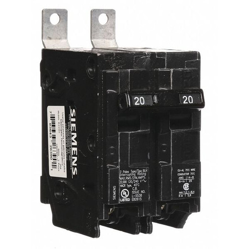 SIEMENS Miniature Circuit Breaker, BL Series 20A, 2 Pole, 120/240V AC Model B220H