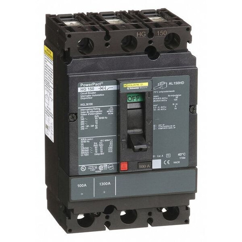 SQUARE D Molded Case Circuit Breaker, HG Series 100A, 3 Pole, 600V AC Model HGL36100