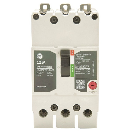 GE Molded Case Circuit Breaker, TEY Series 100A, 3 Pole, 277/480V AC Model TEYD3100B