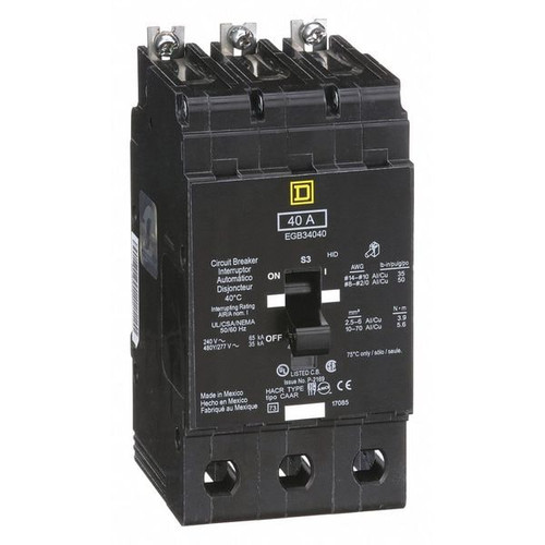 SQUARE D Miniature Circuit Breaker, EGB Series 40A, 3 Pole, 277/480V AC Model EGB34040