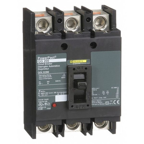 SQUARE D Molded Case Circuit Breaker, 200A, 3 Pole, 240V AC Model QGL32200