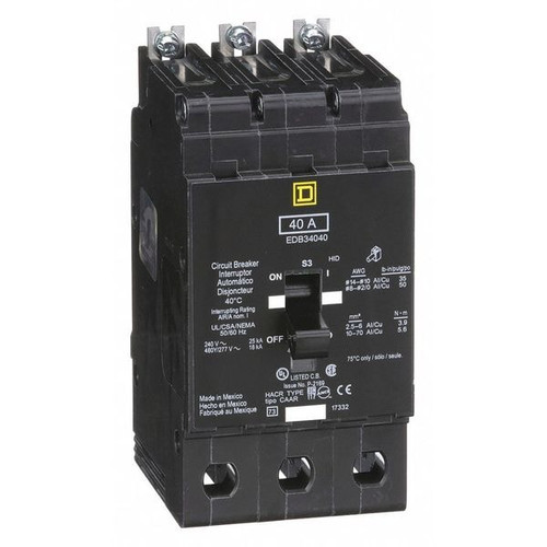 SQUARE D Miniature Circuit Breaker, EDB Series 40A, 3 Pole, 277/480V AC Model EDB34040