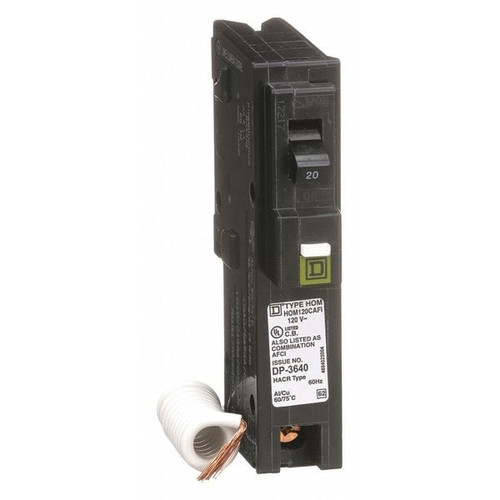 SQUARE D Miniature Circuit Breaker, HOM Series 20A, 1 Pole, 120V AC Model HOM120CAFI