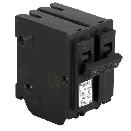 SCHNEIDER ELECTRIC Square D Homeline Circuit Breaker, Mini, Standard, 15 A, 2 -Pole, 120/240 VAC, Plug Mounting, Black Model CHOM215CP