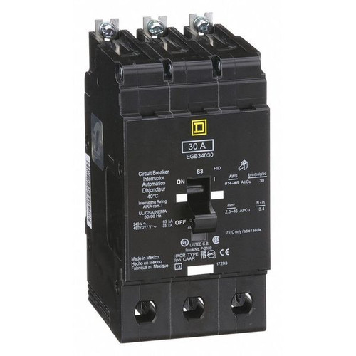 SQUARE D Miniature Circuit Breaker, EGB Series 30A, 3 Pole, 480Y/277 V AC Model EGB34030
