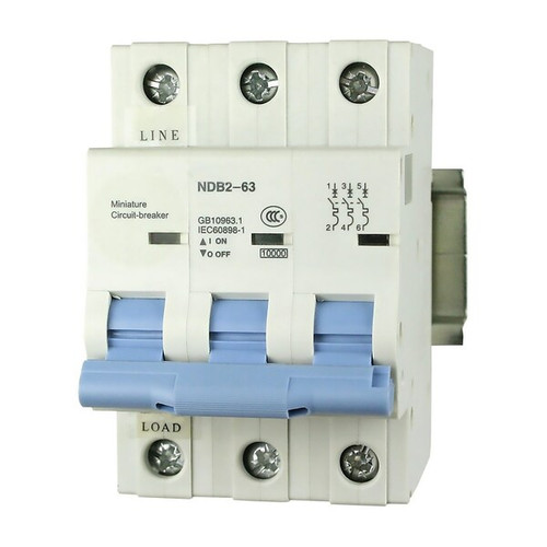 ASI 3 Pole, 63A, 480V AC, Trip Curve: C, DIN Rail Mount-Miniature Circuit Breaker, 52mm Width, UL1077 Model NDB2-63C63-3