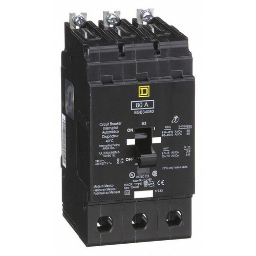 SQUARE D Miniature Circuit Breaker, EGB Series 80A, 3 Pole, 277/480V AC Model EGB34080