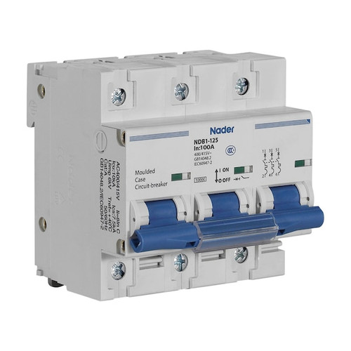 ASI 3 Pole, 100A, 480V AC, 60V DC, Trip Curve: C, DIN Rail Mount-Miniature Circuit Breaker, 52mm Width Model NDB1-125C100-3