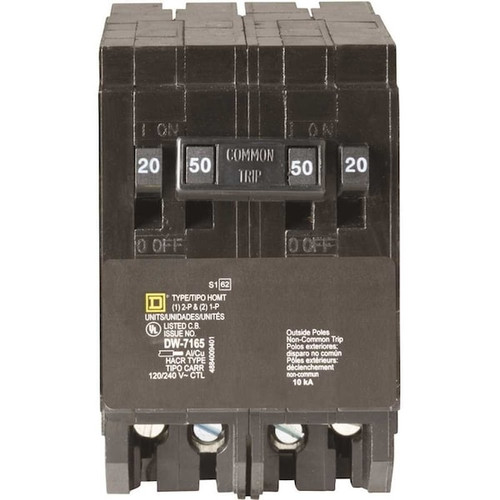 SQUARE D Miniature Circuit Breaker, 20/50A, 1, 2 Pole, 120/240V AC Model HOMT2020250CP