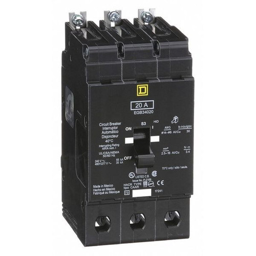 SQUARE D Miniature Circuit Breaker, EGB Series 20A, 3 Pole, 480Y/277 V AC Model EGB34020
