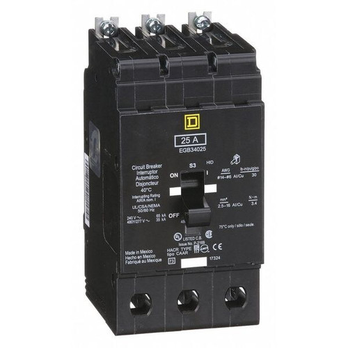 SQUARE D Miniature Circuit Breaker, EGB Series 25A, 3 Pole, 277/480V AC Model EGB34025