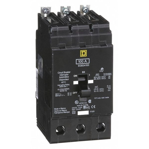 SQUARE D Miniature Circuit Breaker, EGB Series 100A, 3 Pole, 277/480V AC Model EGB34100