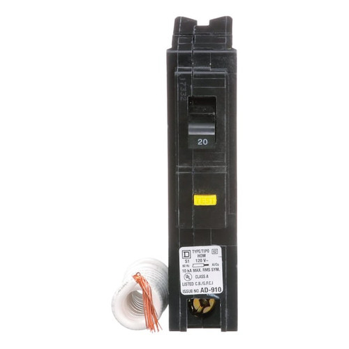 SQUARE D Miniature Circuit Breaker, 20A, 1 Pole, 120V AC, A Curve Model HOM120GFICP