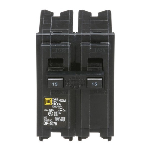 SQUARE D Miniature Circuit Breaker, 15A, 2 Pole, 120/240V AC Model HOM215CP