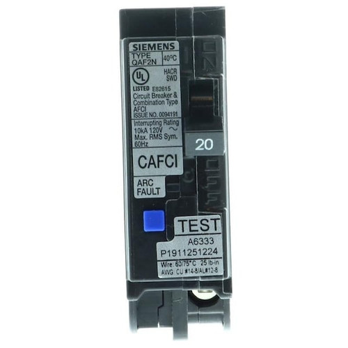 SIEMENS Circuit Breaker, AFCI, Combination, Low Voltage, 20 A, 1 Pole, 120 V, Plug Mounting Model QA120AFCN