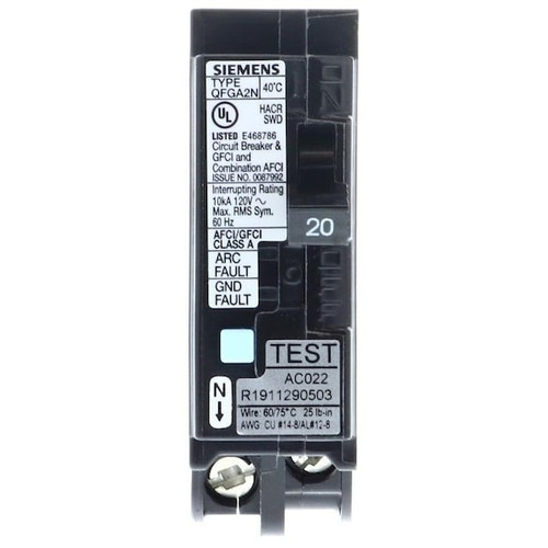 SIEMENS Circuit Breaker, AFCI, GFCI, Low Voltage, 20 A, 1 Pole, 120 V, Plug Mounting Model Q120DFN