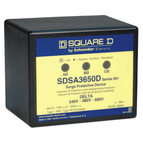 SQUARE D Surge Protection Device, 3 Phase, 600V AC Delta, 3 Poles, 3 Wires - SDSA3650D