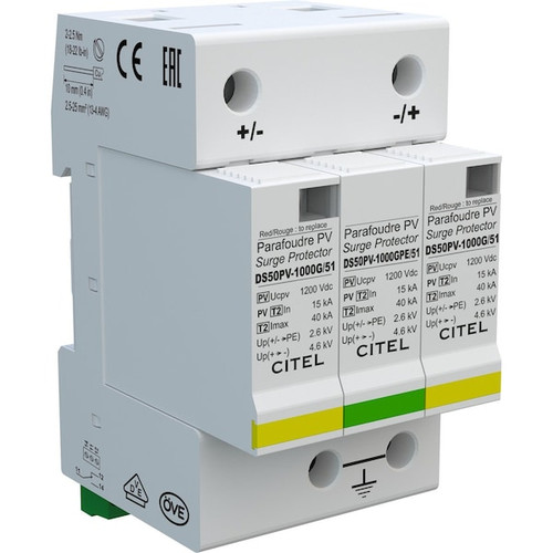 CITEL DIN Rail Pv Protector, 1000Vdc, 2W+G, Mov+Gsg, 40Ka, Ul1449 Type 1Ca - DS50PVS-1000G/51