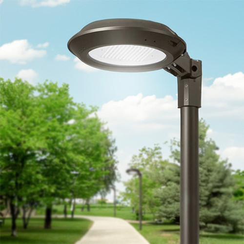 Round Commercial Area LED Light - Multi Watt 18W/30W/45W/60W - Color Selectable 30K/40K/50K - 120-277V - Bronze Finish - Type 5 Lens - Slipfitter Mount For 2-3/8 Inch Poles