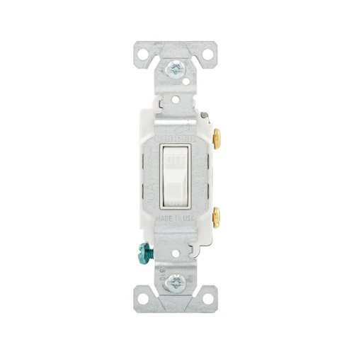 Eaton Commercial Grade Toggle Switch, #14-10 Awg, 20A, Commercial, Flush, 120/277V, Side Wire, Screw, White, Load Type: Motor Control, Fan, Led, Incandescent, Elv, Mlv, Cfl, Flourescent, Halogen, Single-Pole, Single-Pole, Brass, Pvc Model CS120W