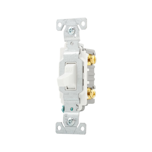 Eaton Commercial Grade Toggle Switch, #14-10 Awg, 20A, Commercial, Flush, 120/277V, Side Wire, Screw, White, Load Type: Motor Control, Fan, Led, Incandescent, Elv, Mlv, Cfl, Flourescent, Halogen, Single-Pole, Single-Pole, Brass, Pvc