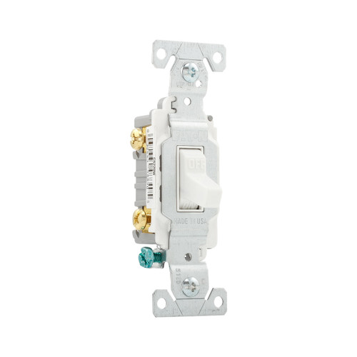 Eaton Commercial Grade Toggle Switch, #14-10 Awg, 20A, Commercial, Flush, 120/277V, Side Wire, Screw, White, Load Type: Motor Control, Fan, Led, Incandescent, Elv, Mlv, Cfl, Flourescent, Halogen, Double-Pole, Dual-Pole, Brass, Pvc