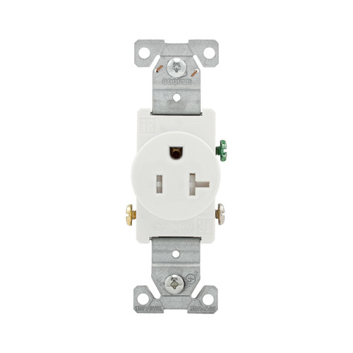 Eaton Commercial Specification Grade Single Receptacle, #14-10 Awg, 20A, Flush, 125V, Side Wire, White, Brass, Impact-Resistant Thermoplastic Face, Pvc Body, 5-20R, Single Screw, Pvc, Ed Box Model TR1877W-BXSP